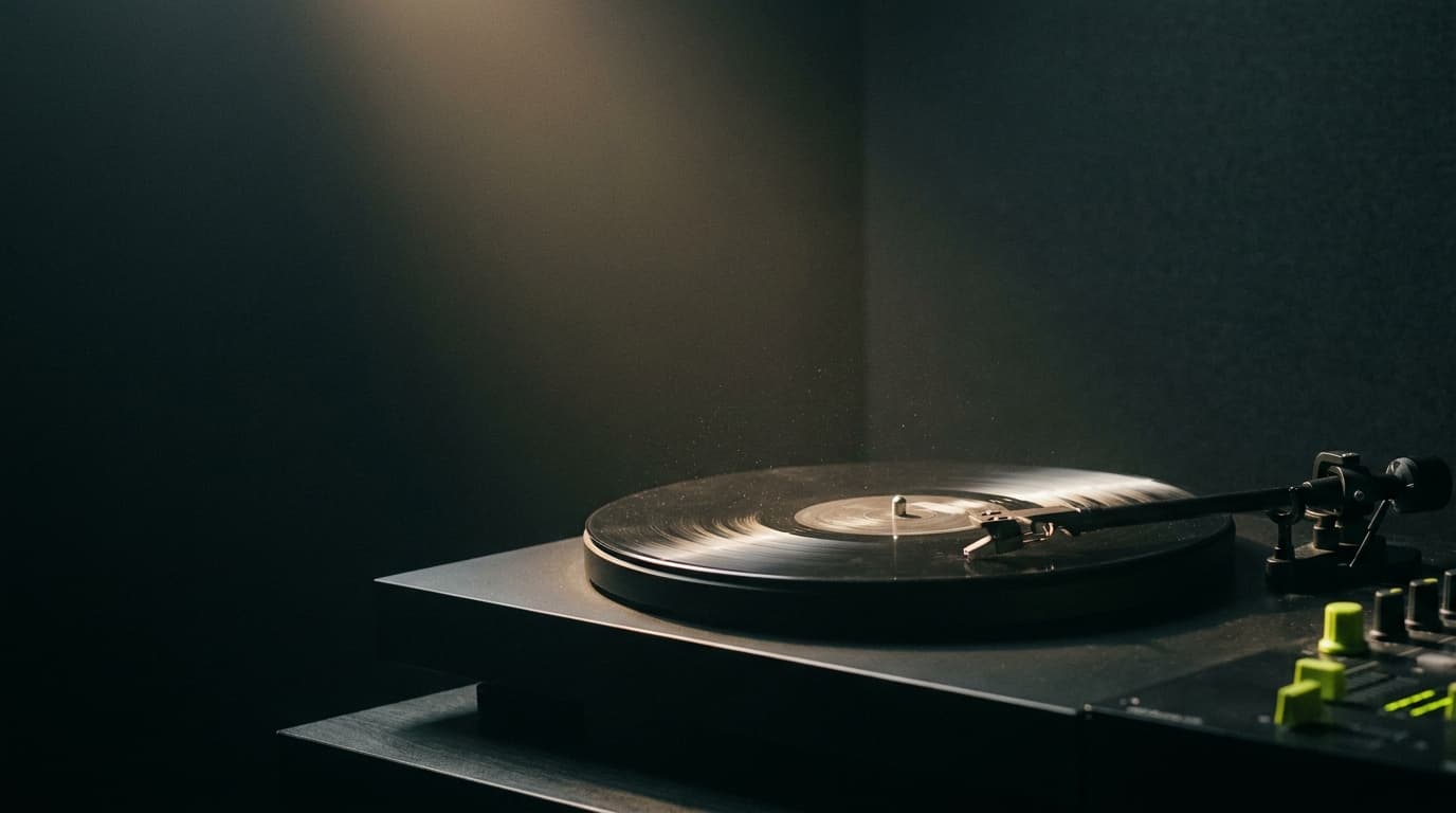 Gadjo an den Decks — Vinyl und Mixer im warmen Licht